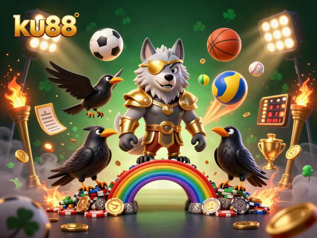 ku88 players enjoy thrilling casino adventures on a bridge made of casino chips, surrounded by dynamic sports elements.