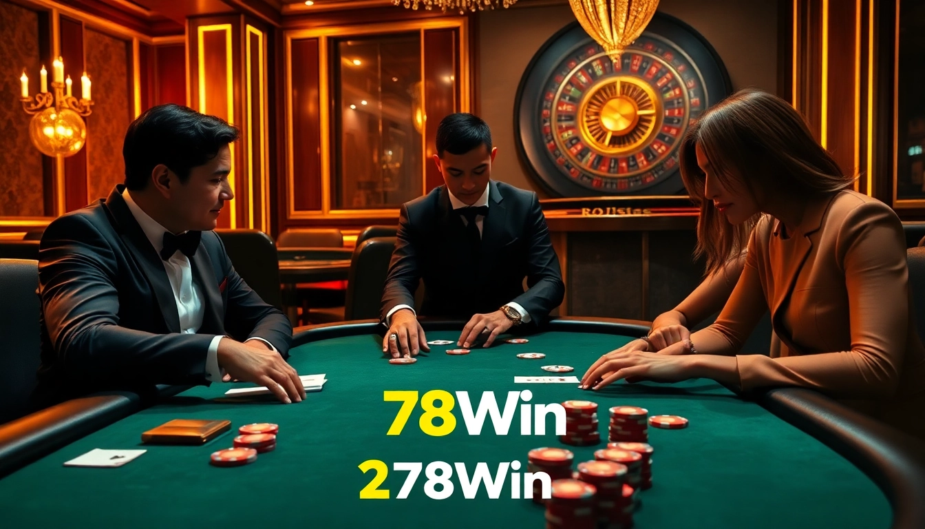 Experience excitement at the 78Win casino with players engaged in intense poker action.