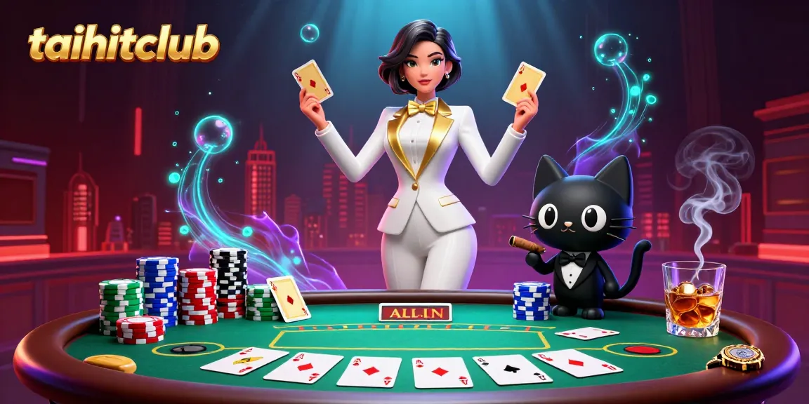 Join the action at taihitclub with a glamorous woman and a tuxedo cat at a vibrant poker table.