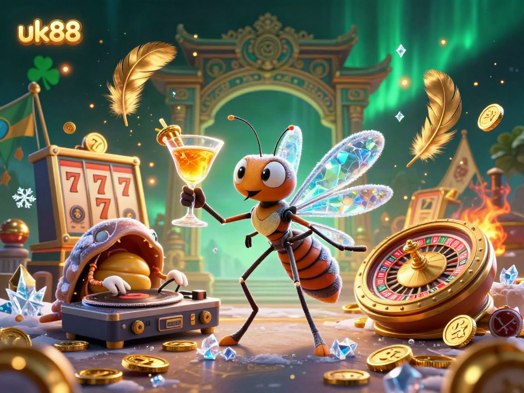 Experience the thrill of uk88 casino with dynamic characters celebrating gambling excitement in a 3D illustration.