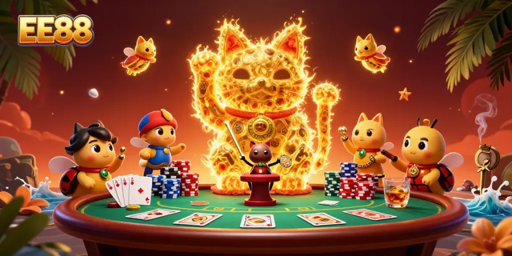 EE88 showcases vibrant casino activities with a golden lucky cat and poker elements in dynamic 3D.