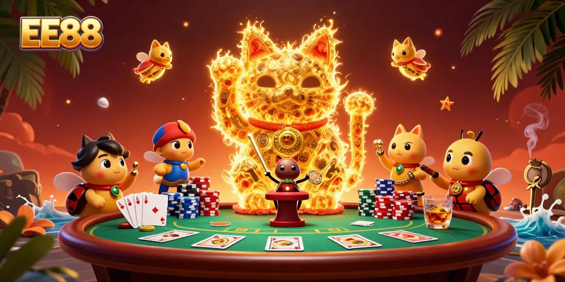 EE88 showcases vibrant casino activities with a golden lucky cat and poker elements in dynamic 3D.