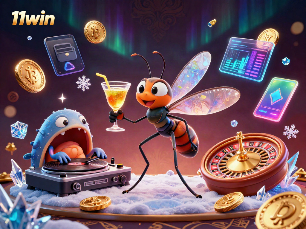 Experience the vibrant energy of 11win with a 3D illustration featuring a mosquito casino mascot and trilobite DJ.