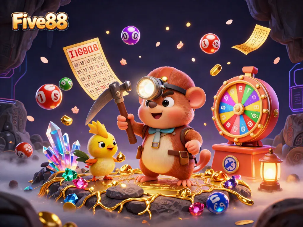 Experience the vibrant gaming atmosphere at Five88 with a treasure hunter and dynamic gambling elements.