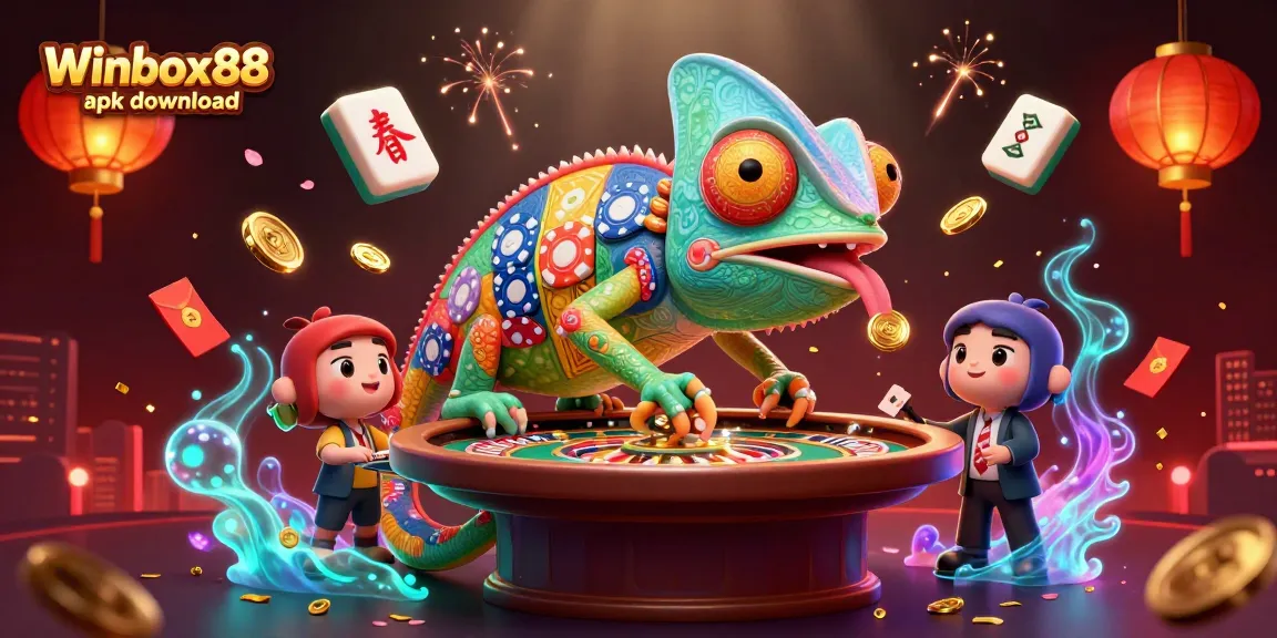 Experience the thrill of Winbox88 apk download with a vibrant chameleon casino owner amidst festive gaming elements.