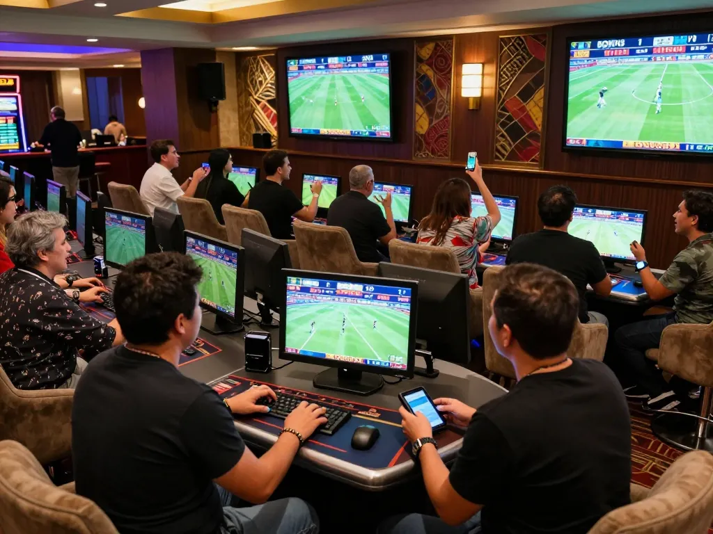 Excited patrons placing bets on BONG88 in a high-end sports betting lounge during live matches.