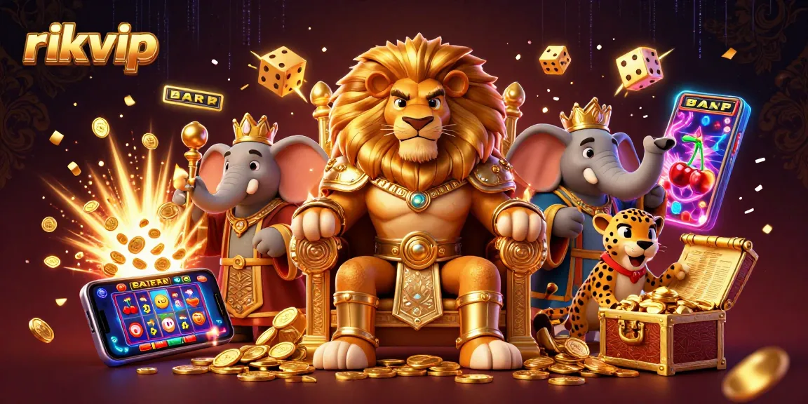 Experience exciting gameplay with rikvip as the lion king and friends celebrate casino wins.