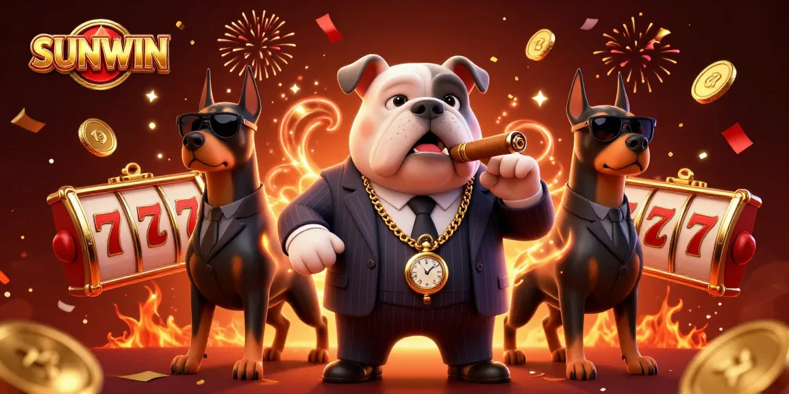 SUNWIN offers thrilling slot reels and lucky 7s as the mafia boss bulldog and Doberman bodyguards celebrate with dynamic energy.
