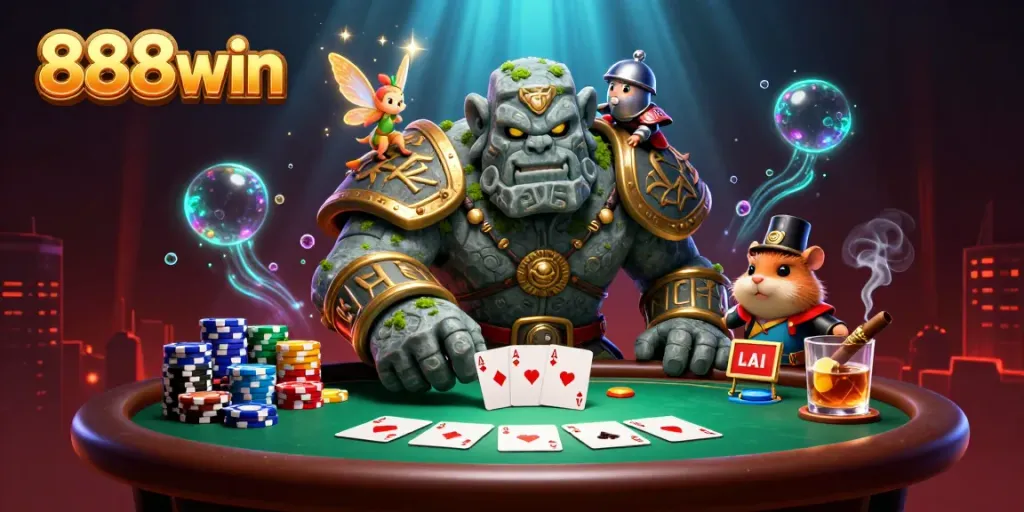 Engage with 888win's vibrant casino scene featuring a dynamic golem, fairy, and hamster knight.