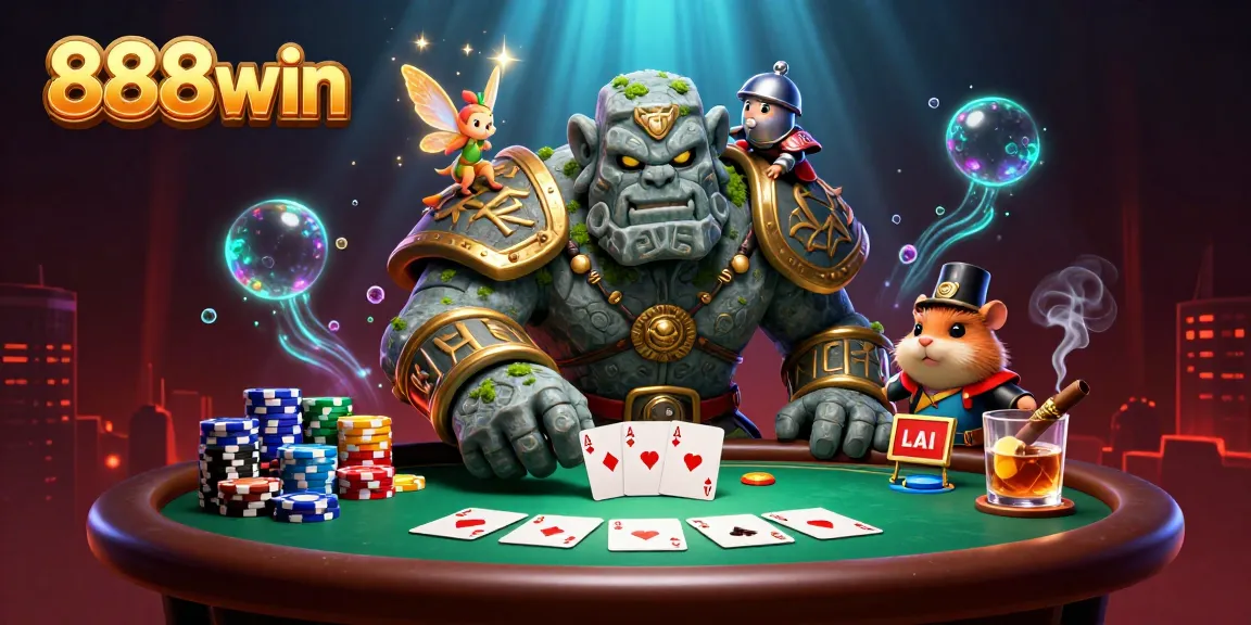 Engage with 888win's vibrant casino scene featuring a dynamic golem, fairy, and hamster knight.