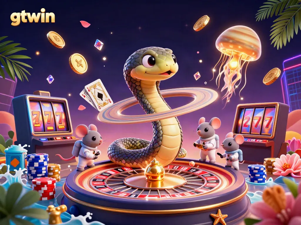 Engage with gtwin's vibrant online casino scene, where a Saturn ring snake offers a roulette wheel experience.