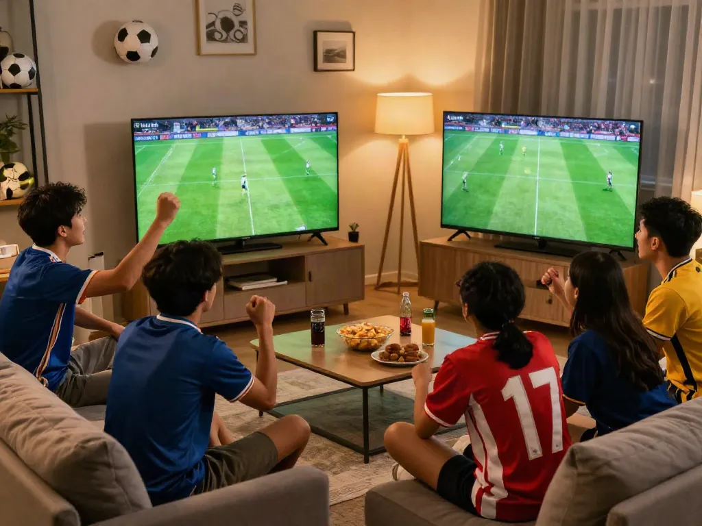 Friends watching cà khại tv live football match in cozy setting, exciting atmosphere.