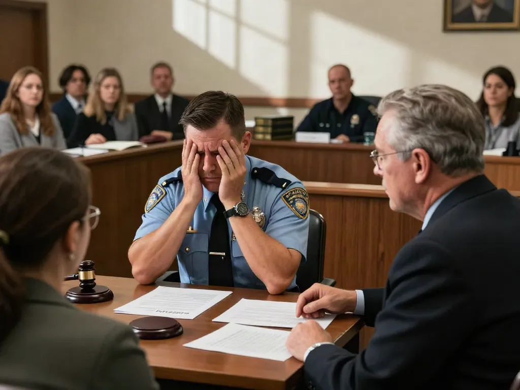 Courtroom scene featuring a Cherokee County cop arrested for DUI, with an officer and defense attorney discussing legal strategy.