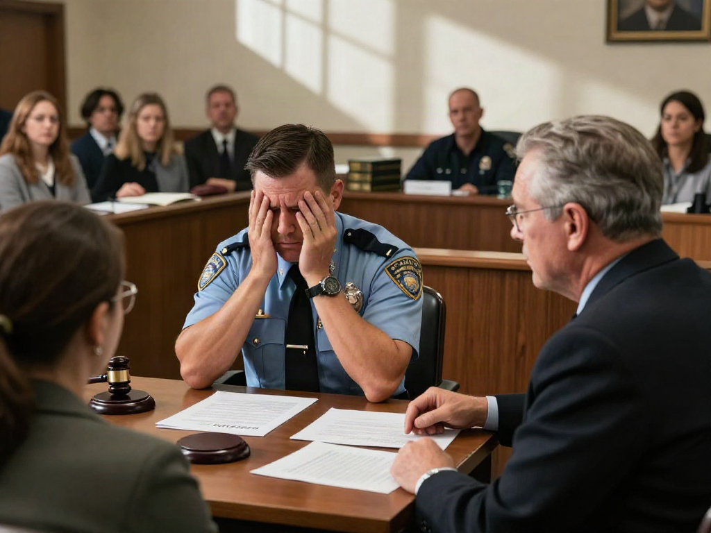 Courtroom scene featuring a Cherokee County cop arrested for DUI, with an officer and defense attorney discussing legal strategy.