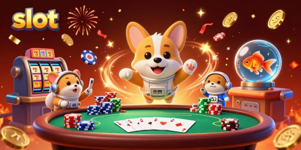Experience thrilling slot action with a cartoon astronaut corgi in a vibrant casino scene.
