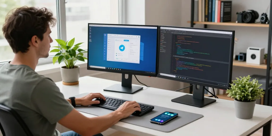 Engaging workspace showcasing Telegram Download app on multiple screens in a bright, modern tech setting.