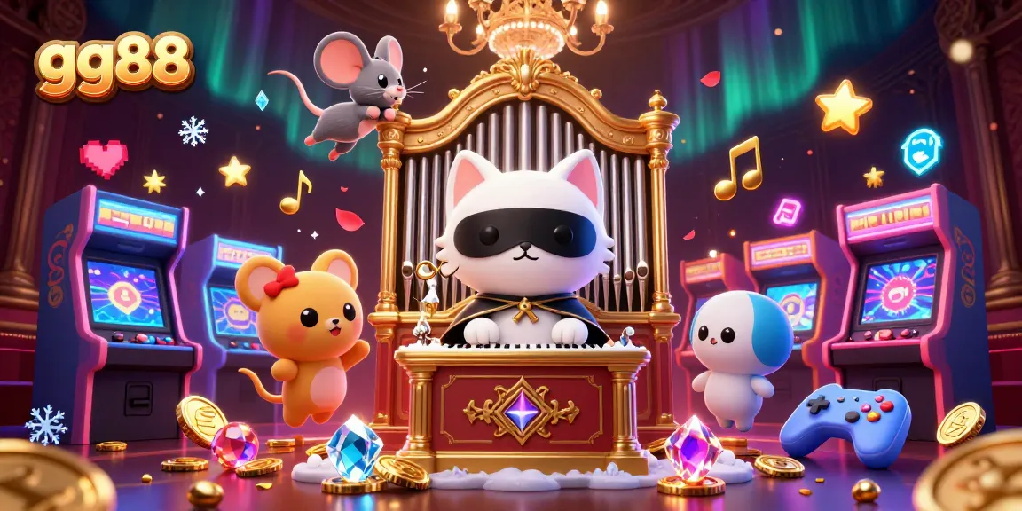 Engage with gg88's vibrant casino adventure featuring a whimsical masked cat and mouse acrobat in a dynamic gaming environment.