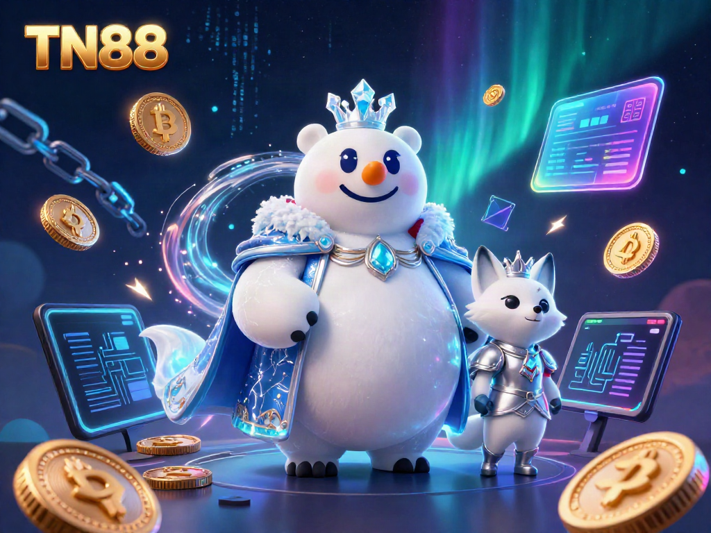 Experience the excitement of TN88 with a captivating 3D scene showcasing an ice king and fox amid digital casino elements.
