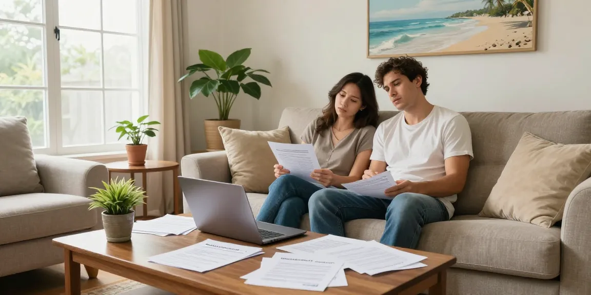 Couple strategizing to cancel timeshare contract in a bright living room.