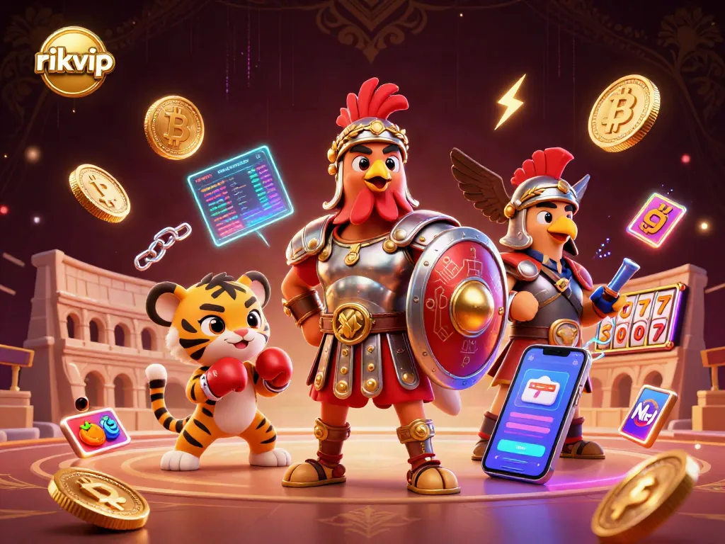 Engage with rikvip's thrilling gaming experience featuring a gladiator rooster and vibrant casino elements.