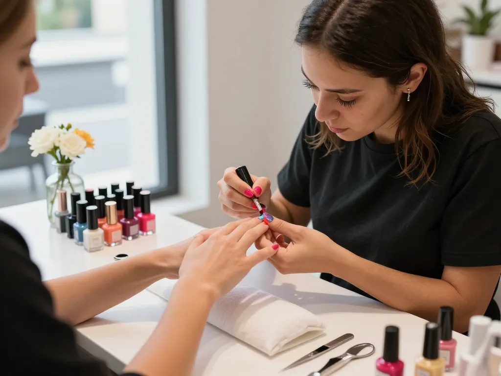Professional nail technician applying vibrant nails in a modern salon.