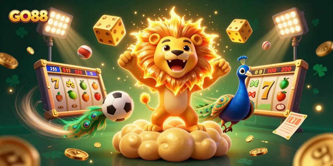 Experience the excitement of GO88 with this dynamic 3D illustration showcasing lively slot reels and vibrant casino elements.