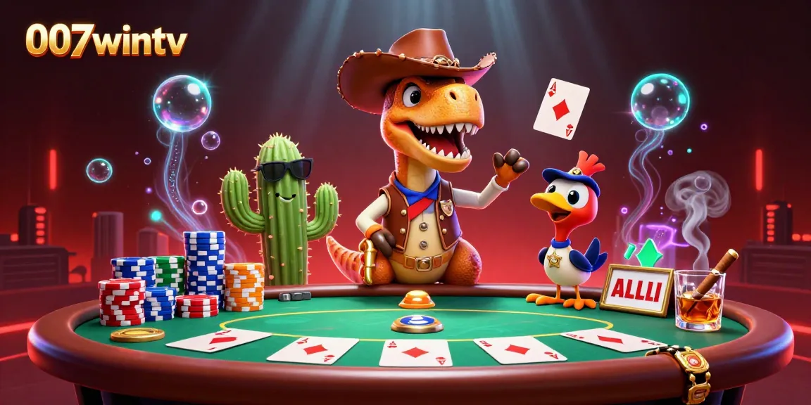 Engage in thrilling poker at 007wintv with a cartoon dinosaur and friends at the table.