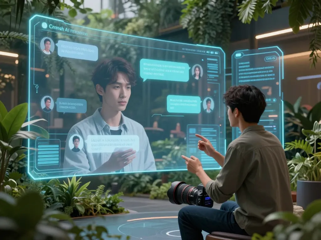 Interactive virtual space showcasing Crush AI chat experience with vibrant avatars and holographic interfaces.