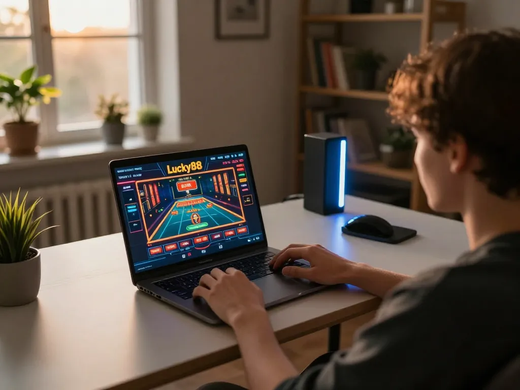 Person engaged in strategic online gaming at Lucky88, showcasing a casual home setup for responsible gambling.