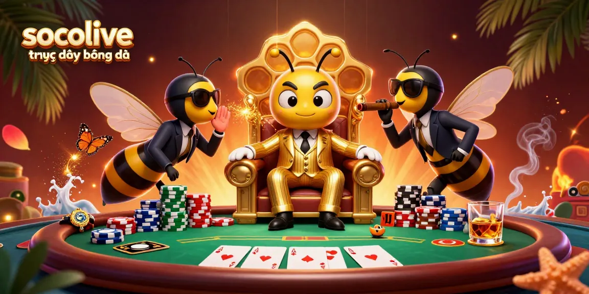 Socolive trực tiếp bóng đá scene showcasing a bumblebee mob boss at a poker table with rich, vibrant details.