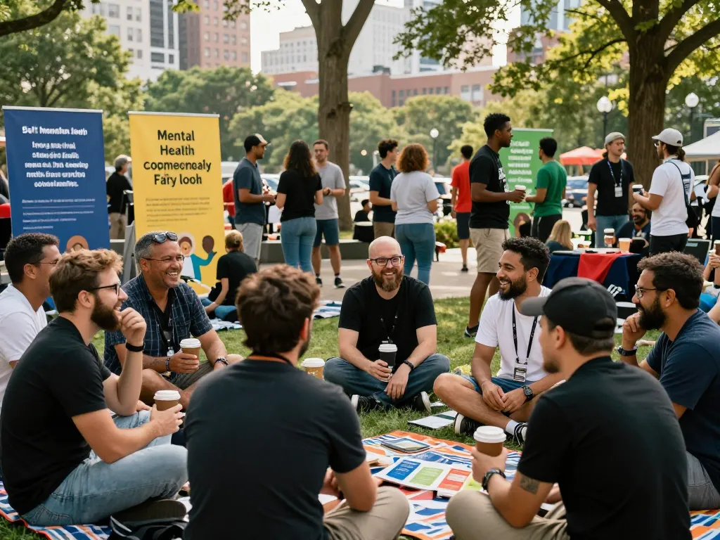 Men sharing experiences at a community man club event, promoting mental health and connection.