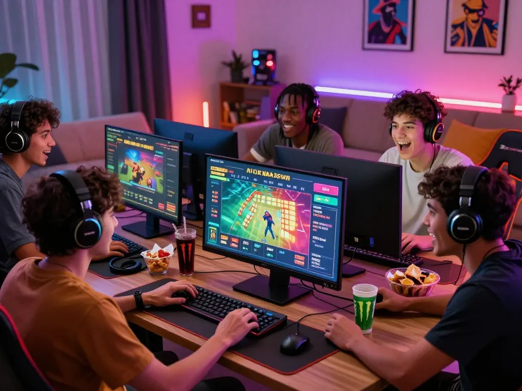 Group of friends enjoying an exciting multiplayer session on Rik VIP platform, showcasing vibrant gaming environment.