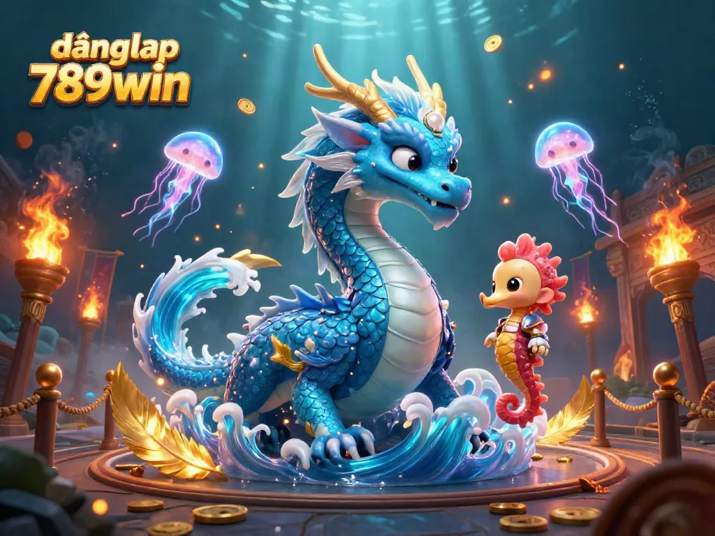 Experience the thrill of gaming with đăng nhập 789win, featuring a mythical dragon and seahorse knight in an underwater casino.