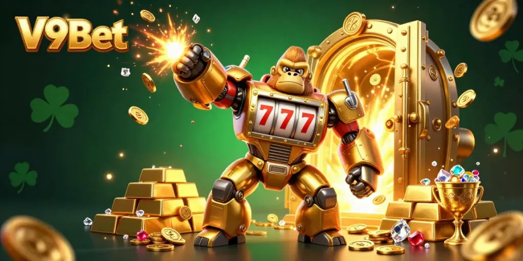 Experience the excitement of V9Bet with a vivid illustration of dynamic gaming elements, featuring a golden gorilla mech.