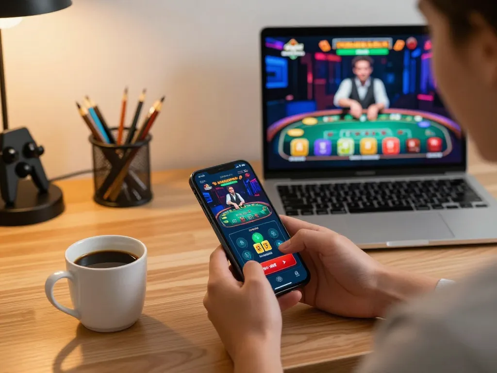 Experience thrilling vin88 online gaming with a user engaged in a mobile casino app in a cozy home office.
