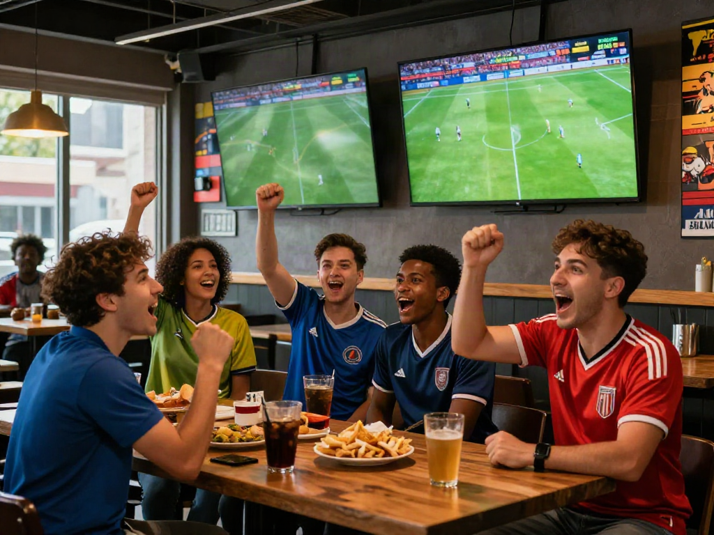 Fans enjoying a live football match while streaming thập cẩm tv at a lively sports bar with colorful team jerseys.
