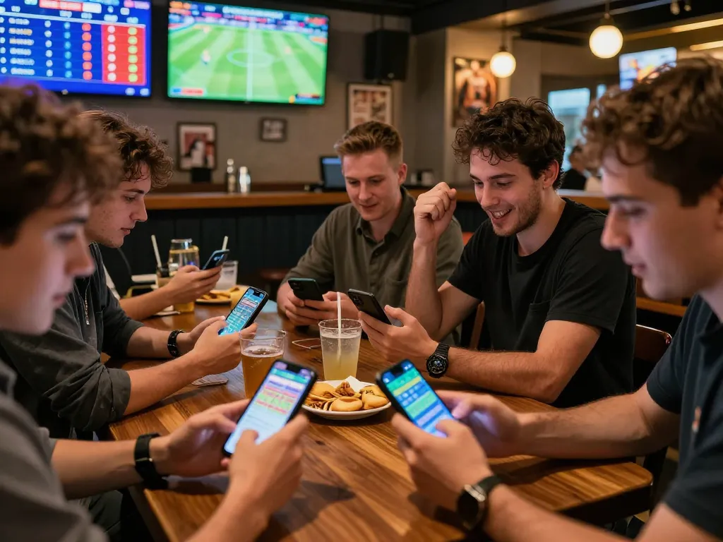 Xem tỷ số bongdalu while betting on sports at an engaging sports bar with vibrant atmosphere.