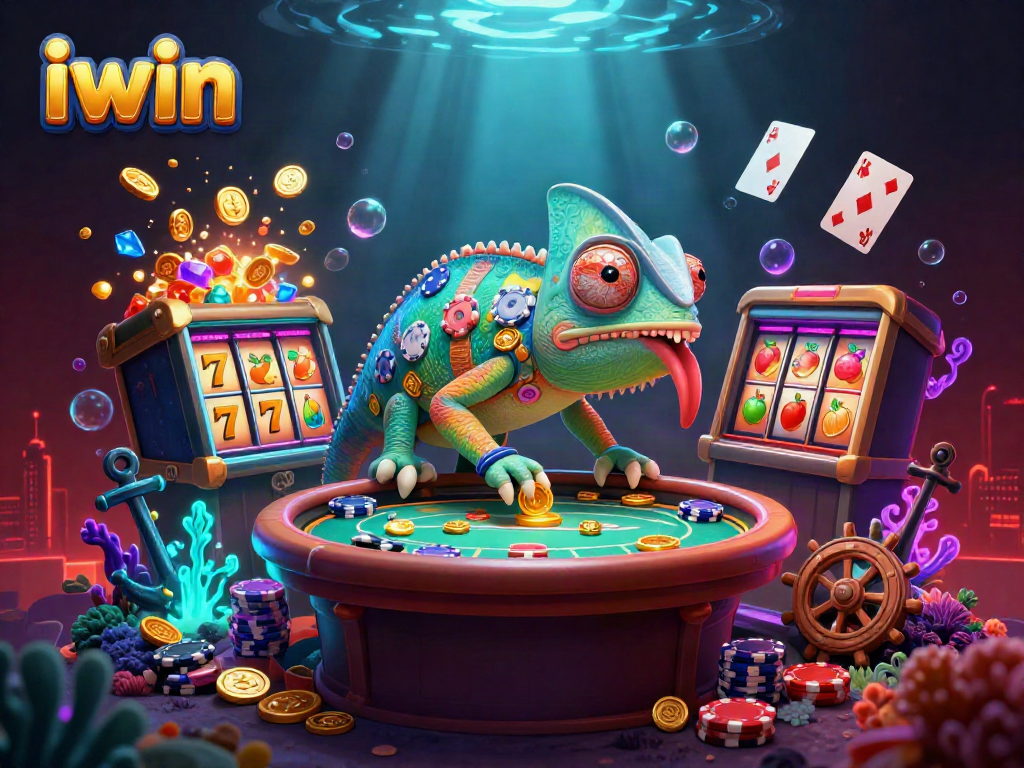 Experience vibrant gameplay with iwin's colorful chameleon casino owner amidst floating slot reels and treasure.