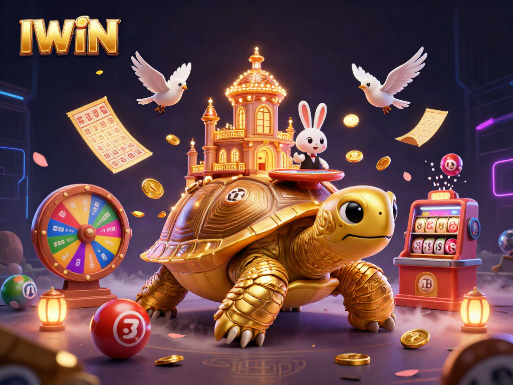 IWIN showcases a vibrant casino scene with a tortoise palace and a rabbit dealer amidst colorful gambling elements.