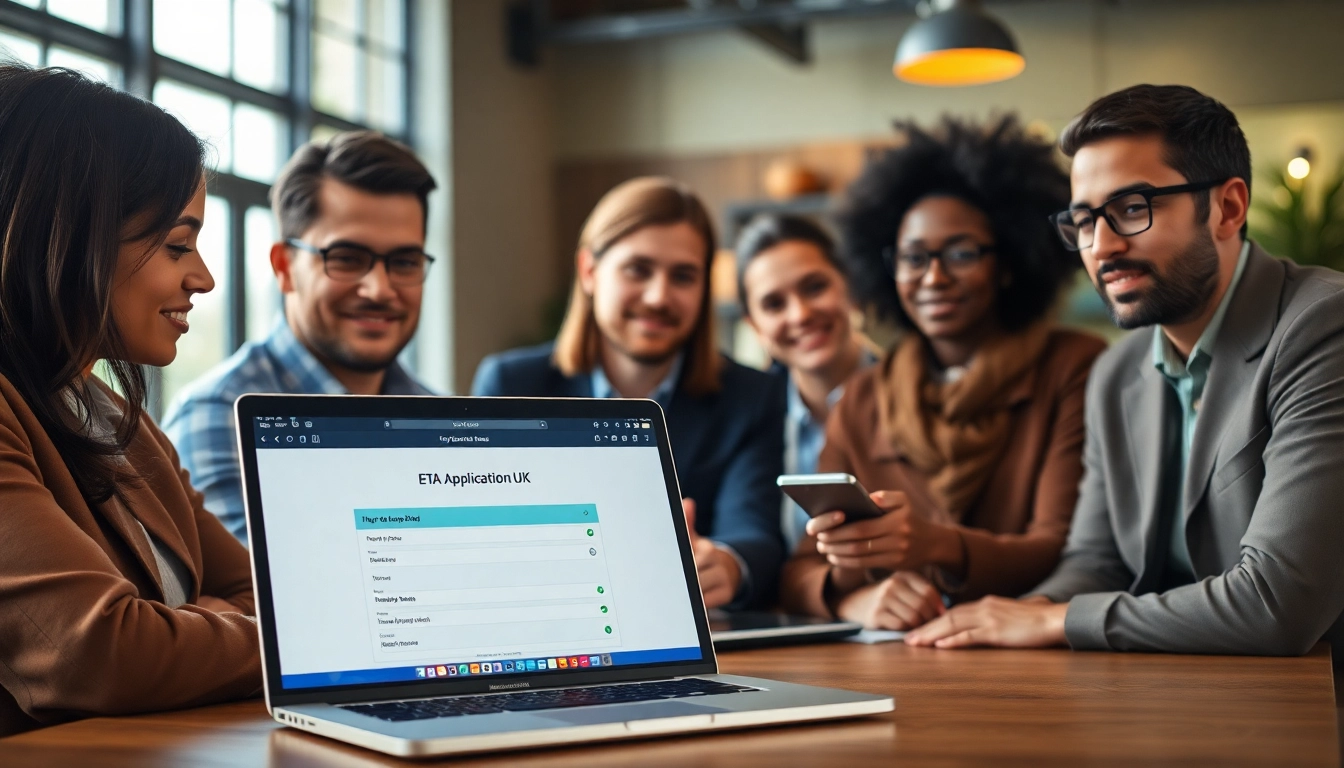 Individuals engaged in the eta application uk process at a modern café setting.