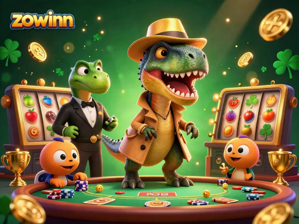 Zowinn integrates vibrant casino action with a velociraptor cartoon character at a blackjack table alongside engaging game elements.