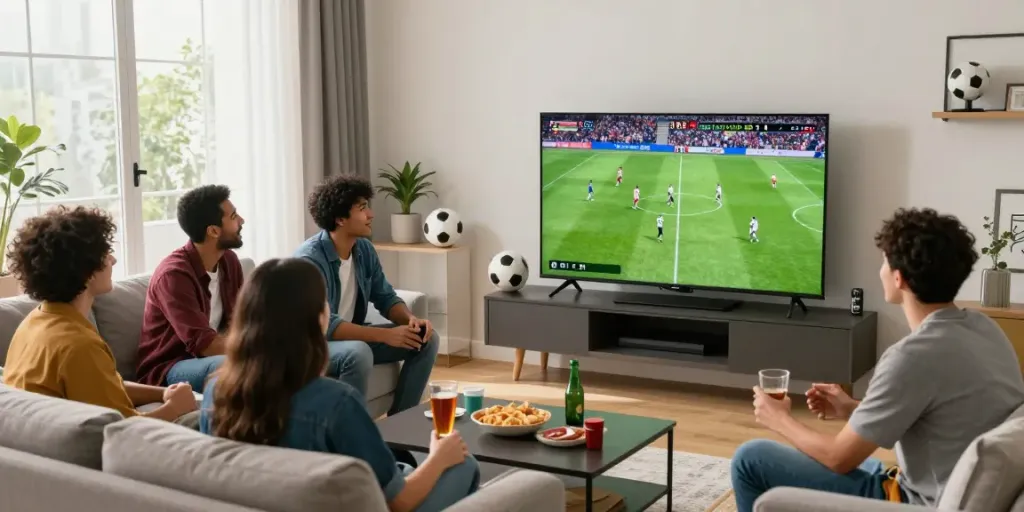 Friends enjoying gà vàng tv live football match in a cozy living room.