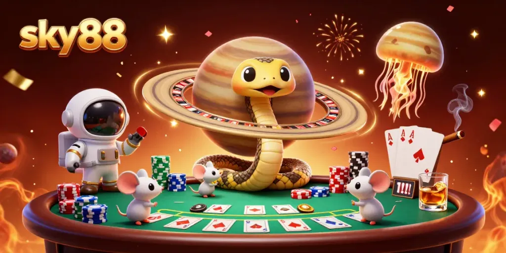 Experience thrilling bets with sky88 as astronaut mice gamble on Saturn's rings in a cosmic casino.