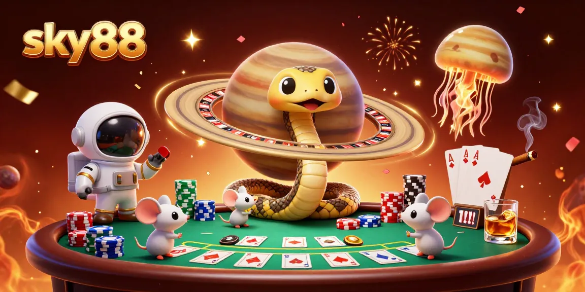 Experience thrilling bets with sky88 as astronaut mice gamble on Saturn's rings in a cosmic casino.