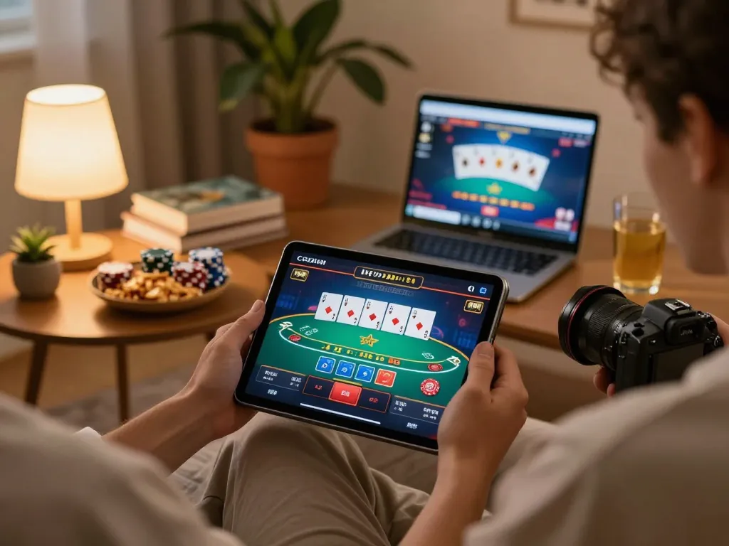 Engaging player using the link may88 app on a tablet for strategic online gambling in a cozy home environment.