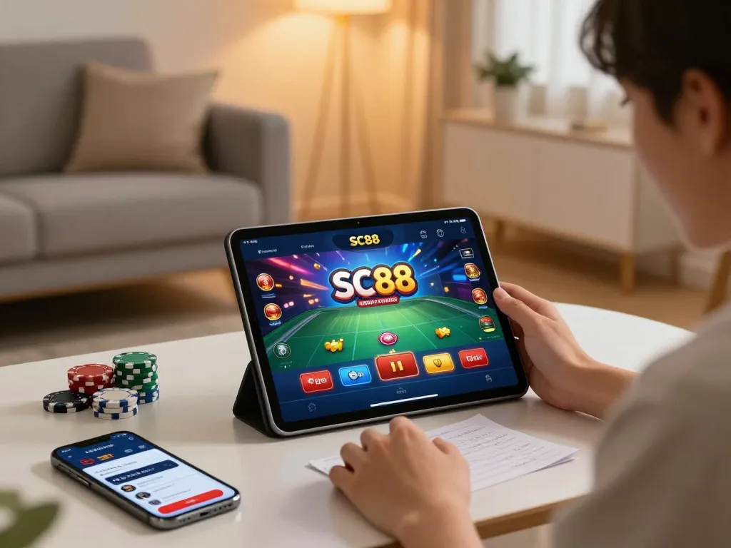 "User enjoying sc88 mobile gambling app in a cozy living room environment, focused on gameplay."