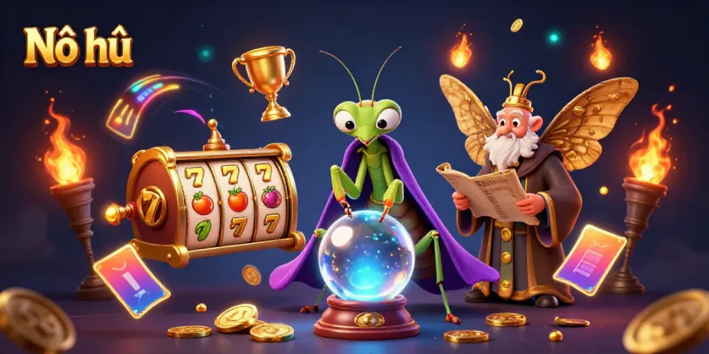 Nổ hũ features a mystical fortune teller and librarian in a captivating 3D casino scene with dynamic game elements.
