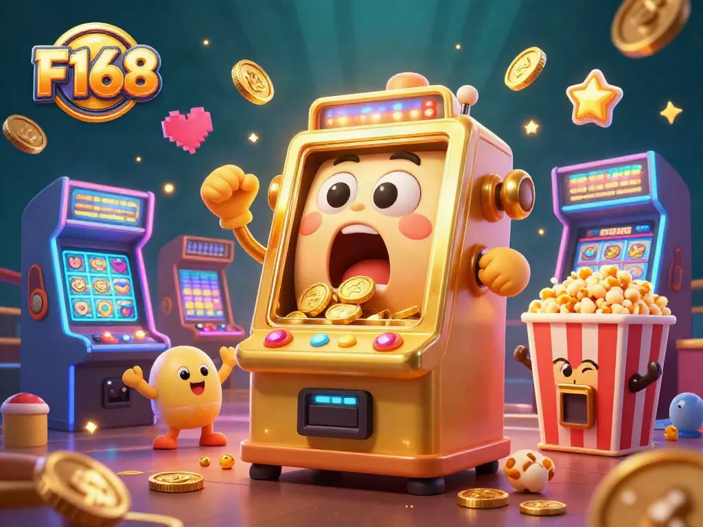 F168 slot machine surprises players with a jackpot, surrounded by cheering baby slots and arcade machines.