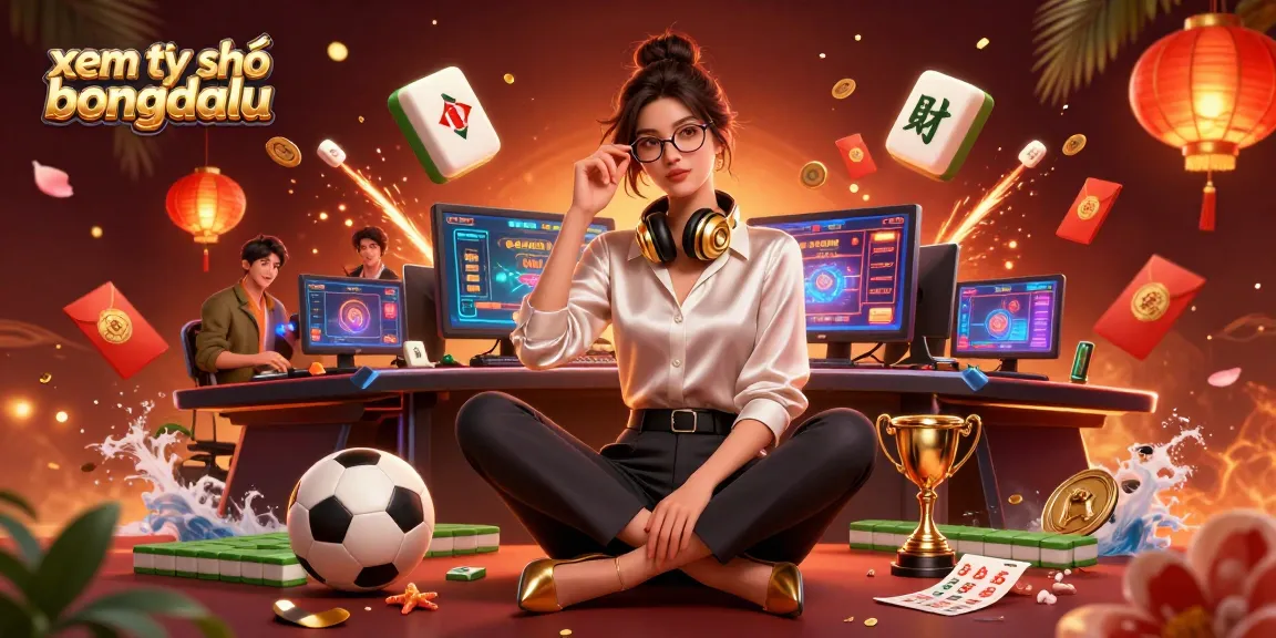 Watch xem tỷ số bongdalu with dynamic sports elements surrounding an Asian woman in a gaming setup.