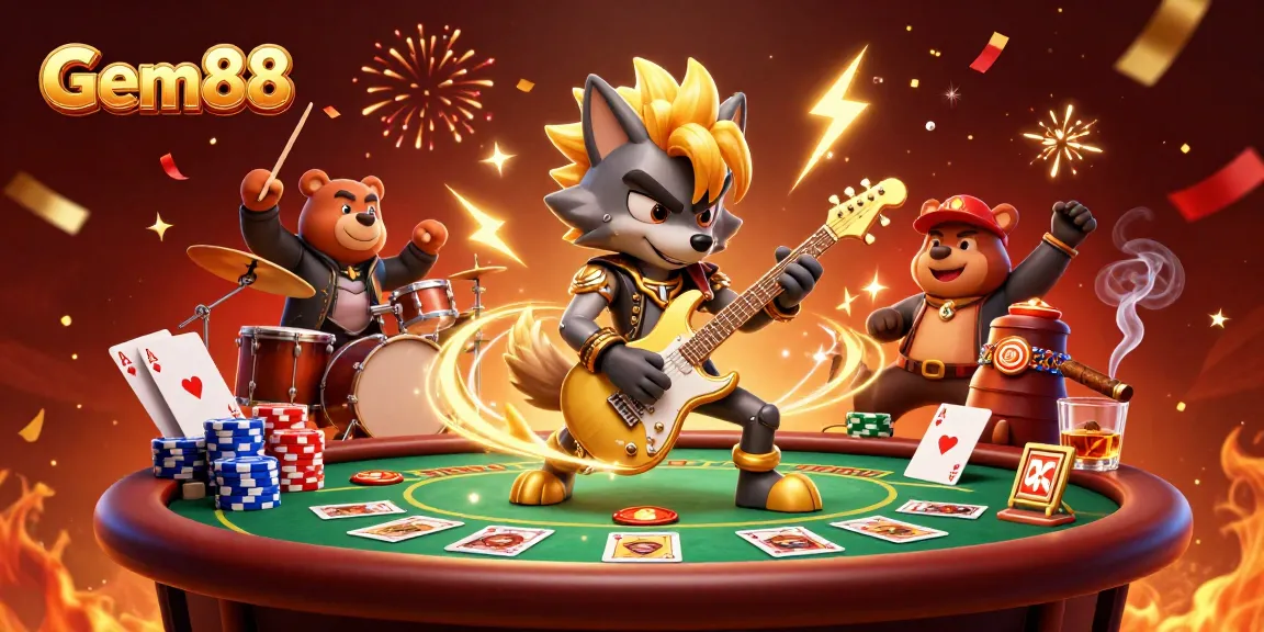 Experience gaming excitement with Gem88, featuring thunderous performances by cartoon rock stars.